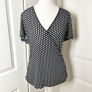 Max Studio Polka Dot V Neck Crossover Stretchy Blouse - Black & White, Medium